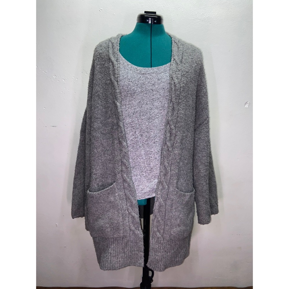 Dreamers Gray Cable Trim Open Front Wide Sleeve Cardigan Sweater Cozy Minimalist